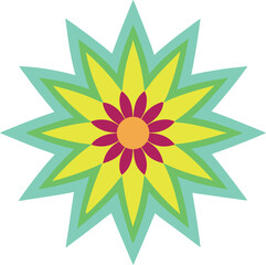 Stylized starburst flower design with vibrant colors