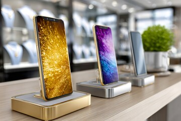 Golden and silver smartphones displaying vibrant screens in a luxury store