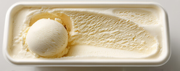 Creamy vanilla ice cream scoop in a tub with a smooth texture and a swirling pattern on a white background