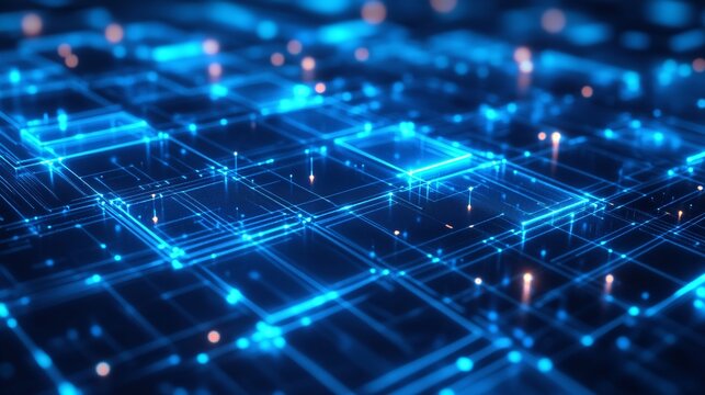 Modern blue technology circuit board background with glowing lights, perfect for illustrating innovation, connectivity, and futuristic concepts.