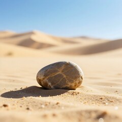Weathered Smooth Stone Resting on Sand Dunes in Sunny Desert Landscape Nature Background