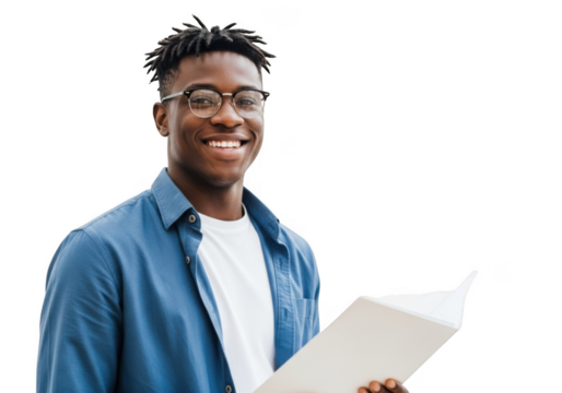Smiling black man wearing glasses and a blue shirt holds an open book against a stark black background radiating confidence and intelligence