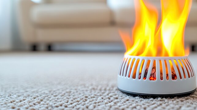 Impact of an unattended electric space heater causing fire hazards on carpet in a cozy living room setting during the winter