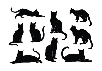 A collection of black cat silhouettes in various poses and positions