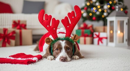 Dog in reindeer costume lying on carpet floor with Christmas tree and gifts in background, for holiday card and festive season concept.