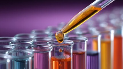 Colorful Chemistry Lab Scene: Pipette Dropping Droplet Into Vibrant Test Tubes For Scientific Experiment And Precise Chemical Testing In Modern Laboratory Equipment