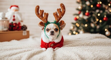 Chihuahua dog dressed as reindeer in a red Christmas sweater, lying on a fluffy blanket. Adorable holiday pet portrait for greeting card design.