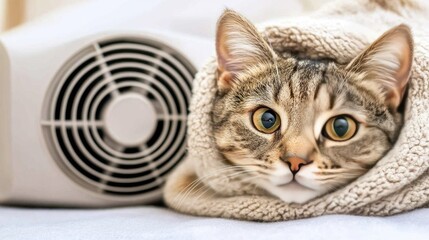 Cozy moments of a cat embracing warmth from a space heater on a chilly day indoors