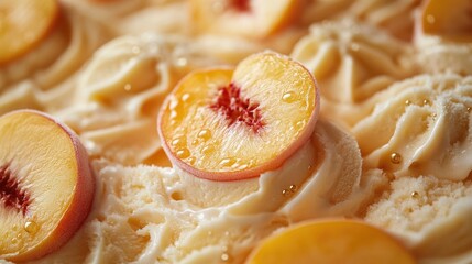 A close-up of peach ice cream with slices of peach on top