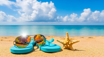 Obraz premium Beach vacation: blue flip-flops, sunglasses, starfish on sand