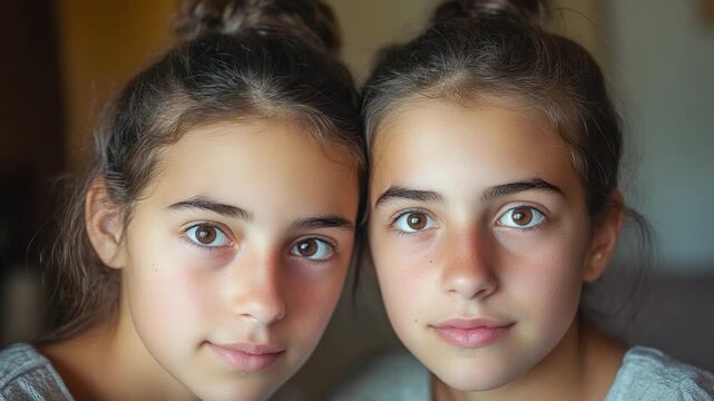 Two young girls smile and make eye contact with the viewer