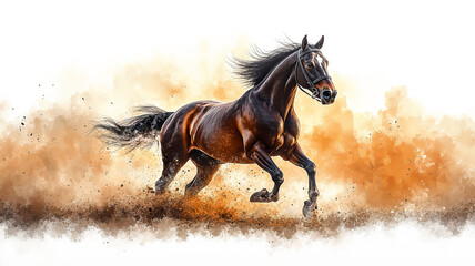 Powerful brown horse galloping energetically with dust flying in watercolor style in brown, beige, and white colors for freedom and strength