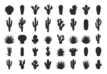 Variety of black silhouette cacti and desert plants arranged in rows