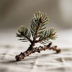 Fresh Green Pine Tree Branch with Water Droplets on White Linen Fabric Christmas Concept