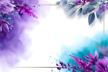 Watercolor floral frame with purple and teal paint splatters