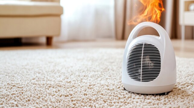 Fire hazard from unattended space heater causes damage to living room carpet and sparks safety concerns in cozy home setting