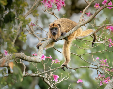 Mono caray&aacute; hembra aliment&aacute;ndose de flores