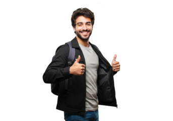 A young man with a backpack and a confident smile gives two thumbs up ready for his next adventure or academic pursuit