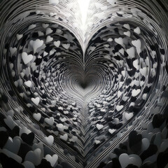 Tunnel of hearts spiraling inward, grayscale