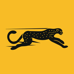 Obraz premium Dynamic black cheetah silhouette illustration on vibrant yellow background, symbolizing speed, agility, and power