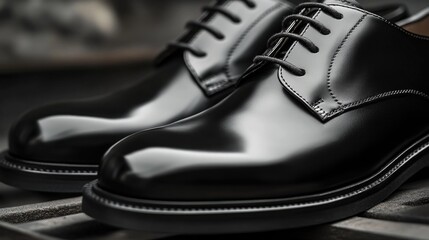 A close-up of stylish black shoes with a polished finish, showcasing elegance and fashion