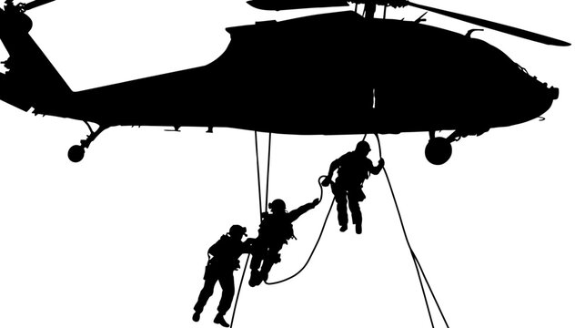 Black silhouette of a tactical helicopter and operatives fast-roping. Dynamic rescue mission, military operation, or training concept.