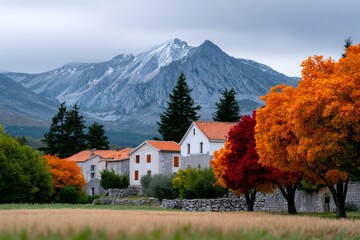 Rural village houses with autumn trees and snowy mountain