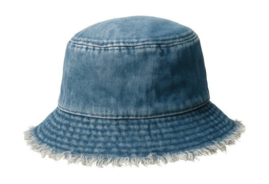 Frayed-edge denim bucket hat in a faded blue hue.