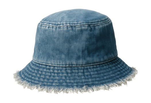 Frayed-edge denim bucket hat in a faded blue hue.