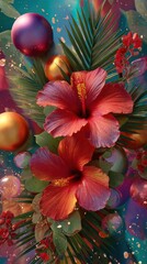 Vibrant Tropical Hibiscus Arrangement With Palm Leaves And Glossy Ornaments For Festive Decor And Summer Mood