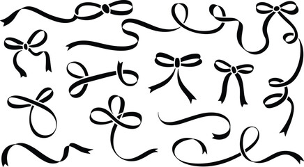 Elegant ribbon bow silhouettes, decorative looped bow designs, flowing ribbon elements for crafts, invitations, packaging accents, festive ornaments, vector illustration