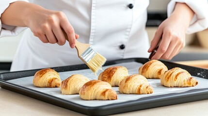 Delicate touch of a female chef oiling croissant dough in a bustling bakery kitchen