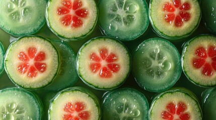 A close-up of sliced cucumbers arranged in a pattern with water droplets on them. Top view, background.