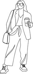 Fashionable woman with coffee and shoulder bag lineart