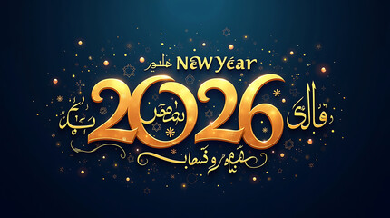 Naklejka premium Celebrating Arrival Of New Year 2026 With Arabic Calligraphy Wishing Happy New Year And Festive Design