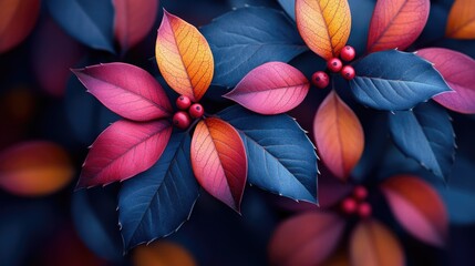 A close-up of the leaves and berries on a holly bush, with soft focus to highlight their vibrant colors and intricate patterns