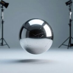 Damaged Chrome Metal Sphere with Surface Cracks in Studio Lighting 3D Abstract Render