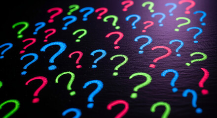 Colorful question marks on dark textured surface. Symbolic of uncertainty, curiosity and inquiry, suitable for educational or problem-solving concepts