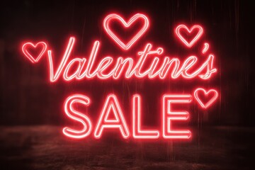 Valentines Sale Neon Sign With Hearts: Bright Red Romantic Advertising For Valentine’s Day Promo