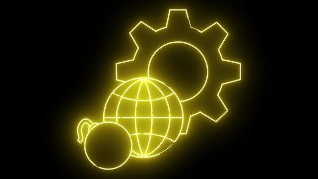 Glowing yellow outline of a gear globe  pot on a black background
