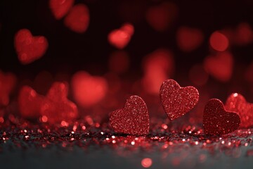 Romantic Sparkling Red Hearts On Glittery Ground Create Warm Valentine Mood For Love And Celebration, Perfect For Valentine’s Day Campaigns And Love Themed Projects