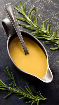 Creamy golden mustard gravy served in a metal sauceboat with a spoon, surrounded by fresh rosemary on a dark textured surface.