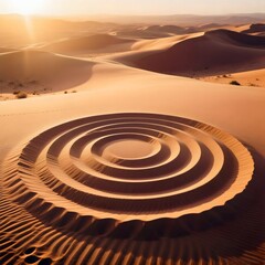 Large Spiral Pattern Carved in Desert Sand Dunes at Sunset Land Art Concept