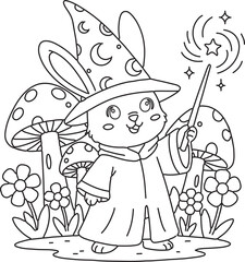 a wizard bunny wearing a pointy hat and holding a sparkling wand, hand-drawn vector coloring page 