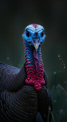 Close-up of a turkey's head and neck with blue and red textured skin and brown feathers, representing wildlife and nature exploration