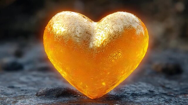 A small, shining golden heart sits atop a rocky surface