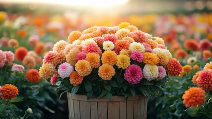 A beautiful basket of colorful dahlia flowers glows in a sunny garden field a perfect background for Mother's Day greetings spring weddings and celebrating nature's beauty. - Powered by Adobe