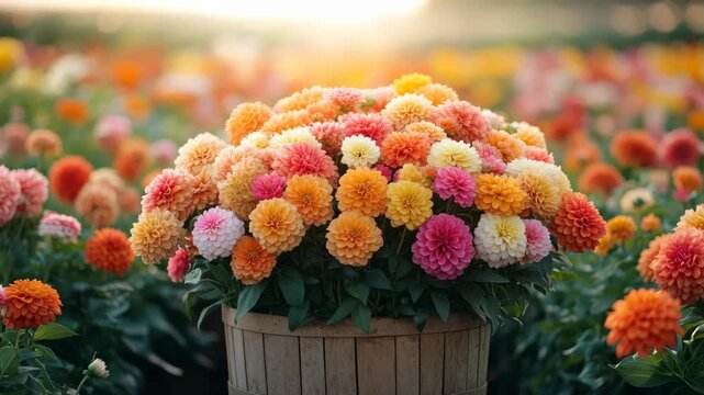 A beautiful basket of colorful dahlia flowers glows in a sunny garden field a perfect background for Mother's Day greetings spring weddings and celebrating nature's beauty.