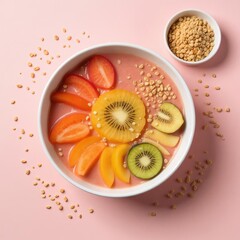 Colorful smoothie bowl with fresh fruit and granola on pastel pink background, flat lay