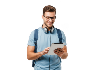 Young man wearing glasses and headphones with a backpack smiling while looking at a tablet computer against a black background